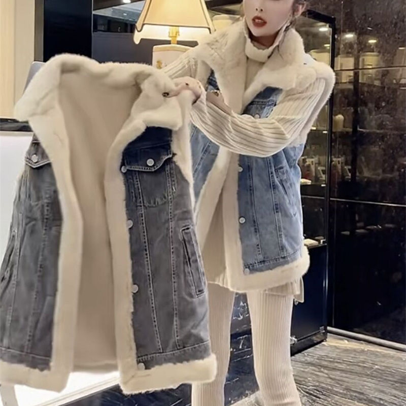 Women'S Fashion Gilet - 여성용 폴라 플리스 조끼 민소매 데님