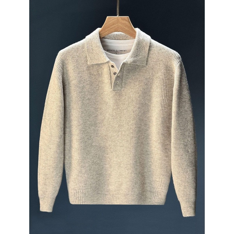 Ribbed Knit Sweater - 남성 폴로 칼라 하프 버튼 니트