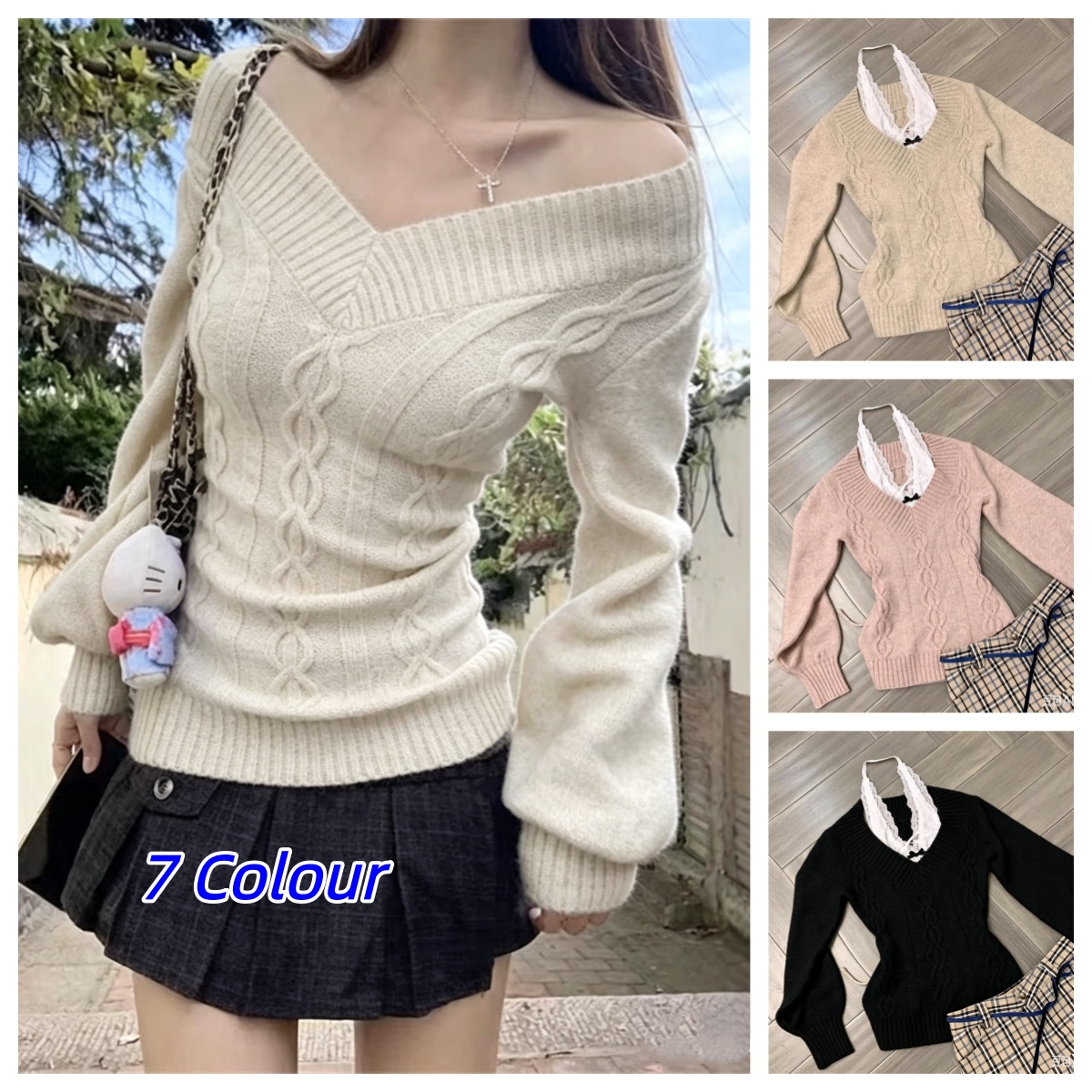 Ribbed Knit Sweater - Y2K 패션 빈티지 V넥 골지 니트