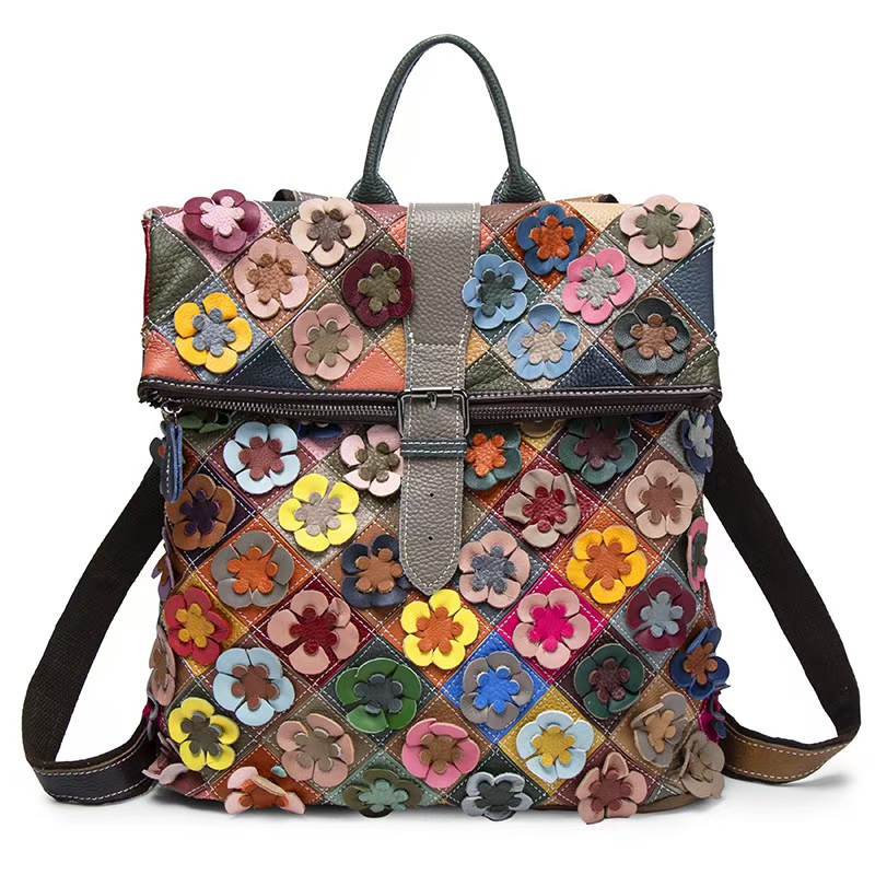 Women'S Fashion Backpack - 빈티지 여성 정품 가죽 백팩 꽃무늬