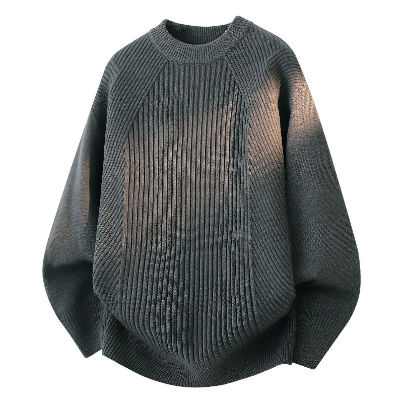 Ribbed Knit Sweater - 여성용 크루넥 사선 골지 니트 루즈핏