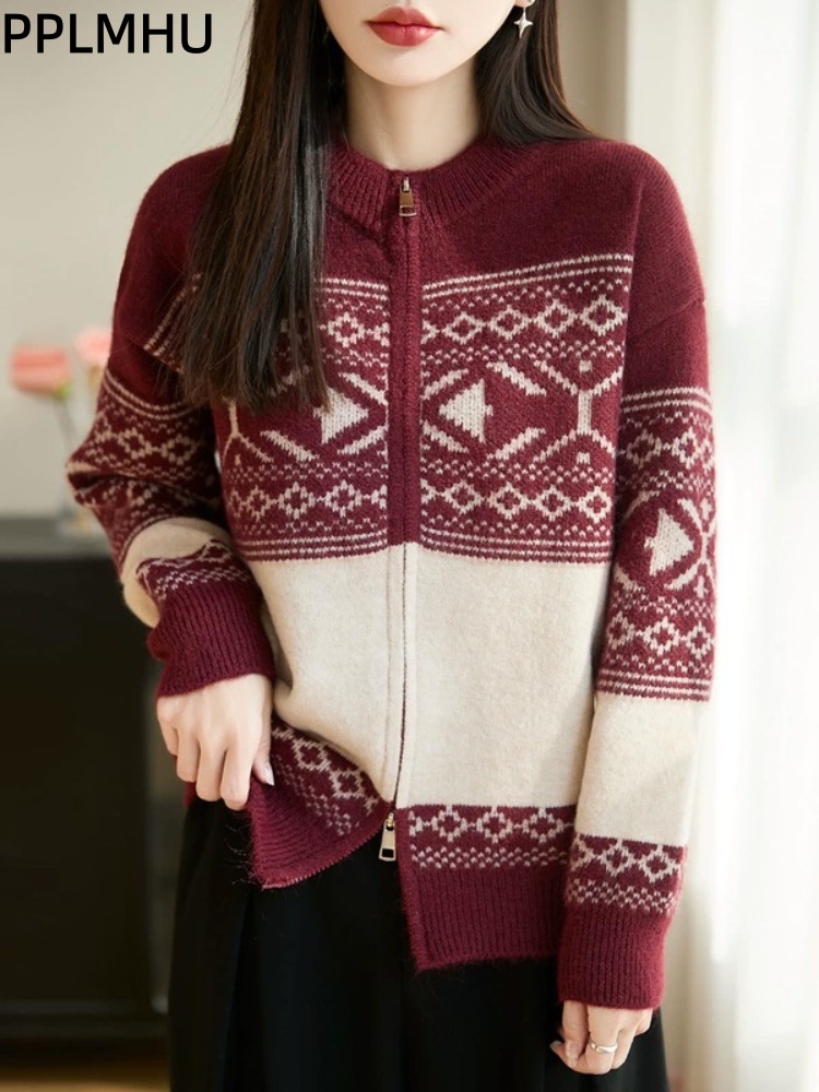 Women'S Fashion Gilet - 빈티지 자카드 한국 패션 니트 가디건