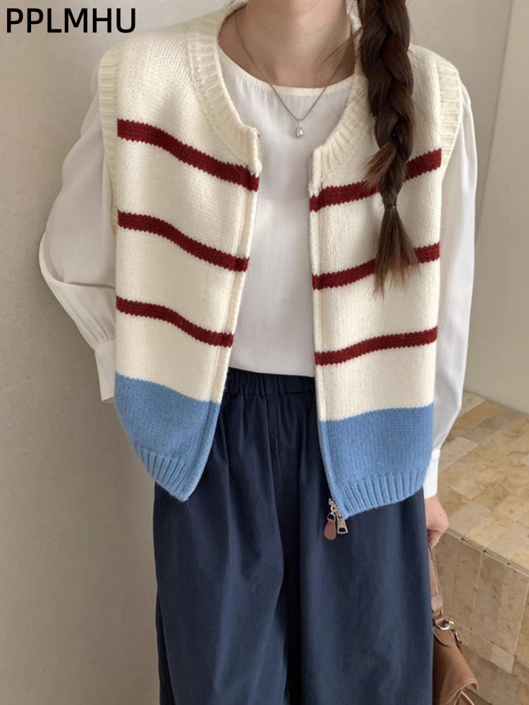 Women'S Fashion Gilet - 스트라이프 지퍼 가디건 니트 조끼 여성