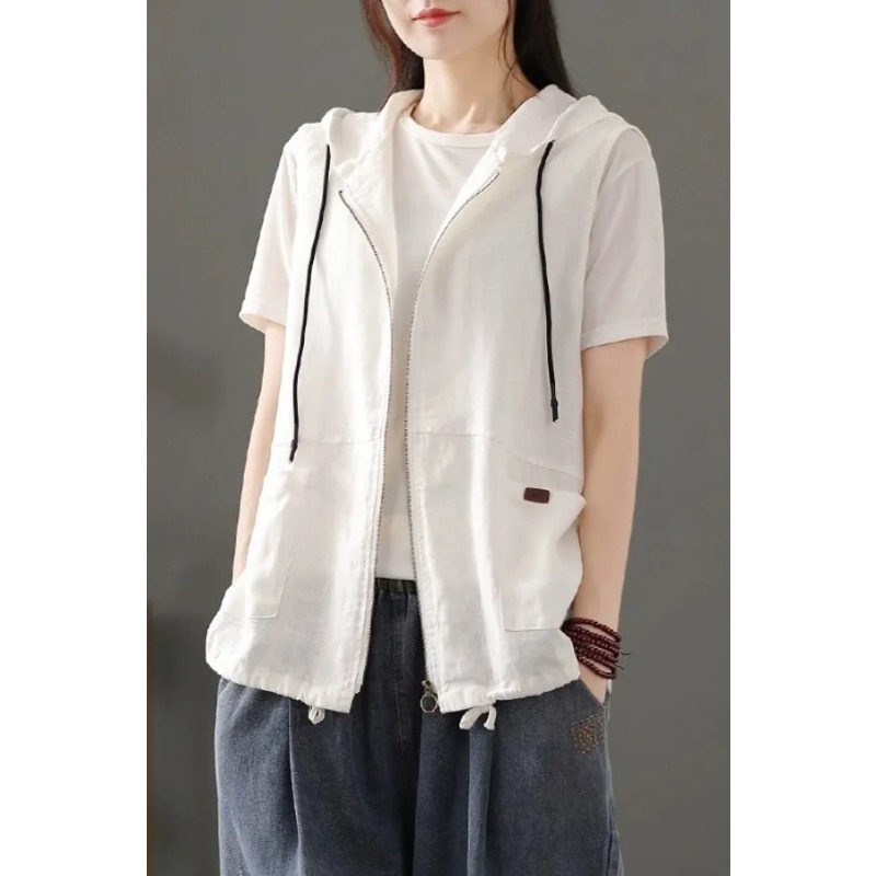 Women'S Fashion Gilet - 여성용 흰색 린넨 혼방 후드 조끼