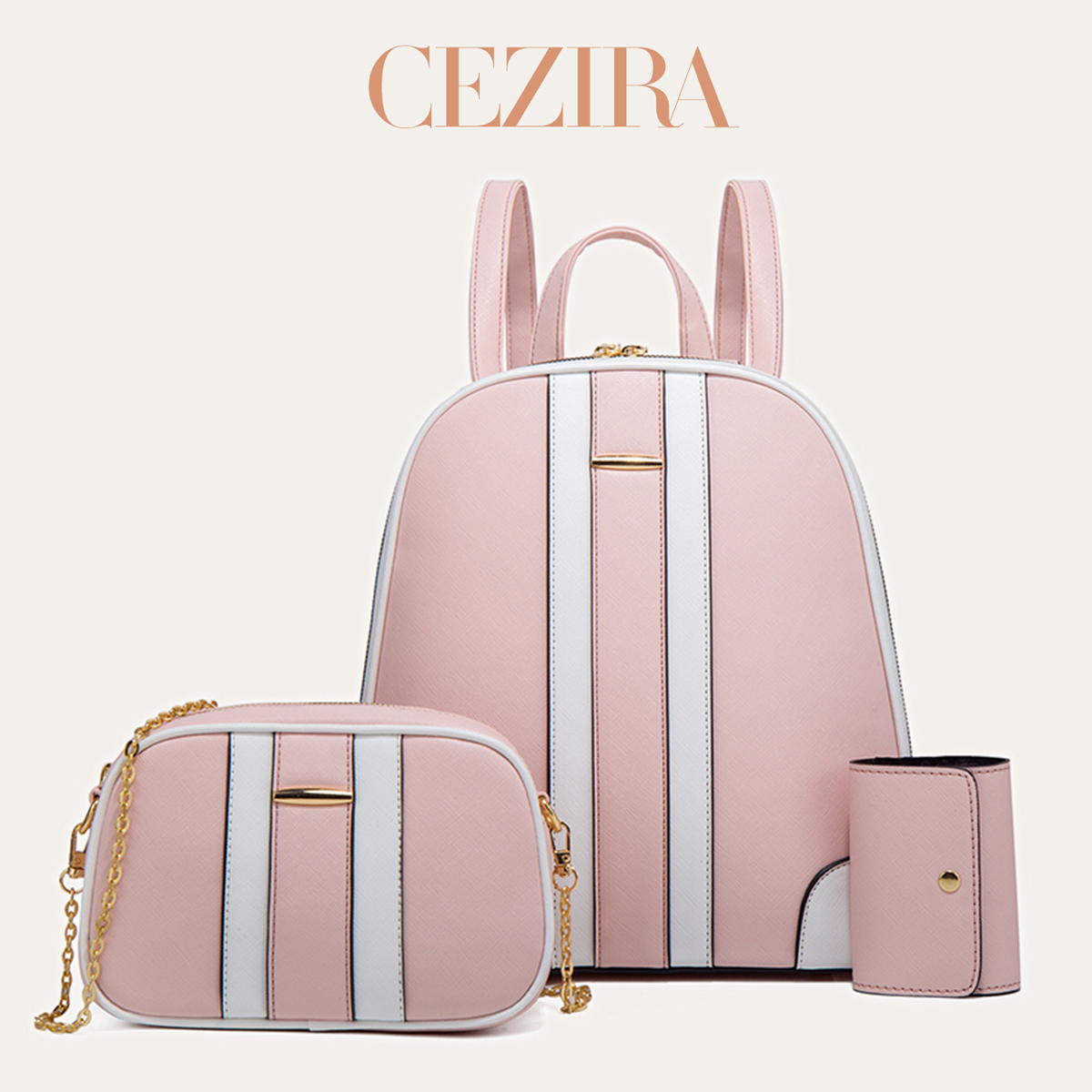 Women'S Fashion Backpack - CR 패션 스트라이프 패치워크 백팩 세트
