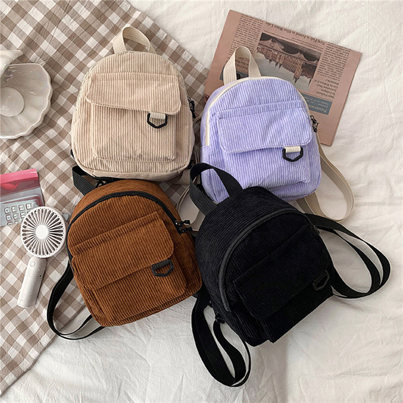 Women'S Fashion Backpack - 솔리드 컬러 미니 배낭 코듀로이 작은