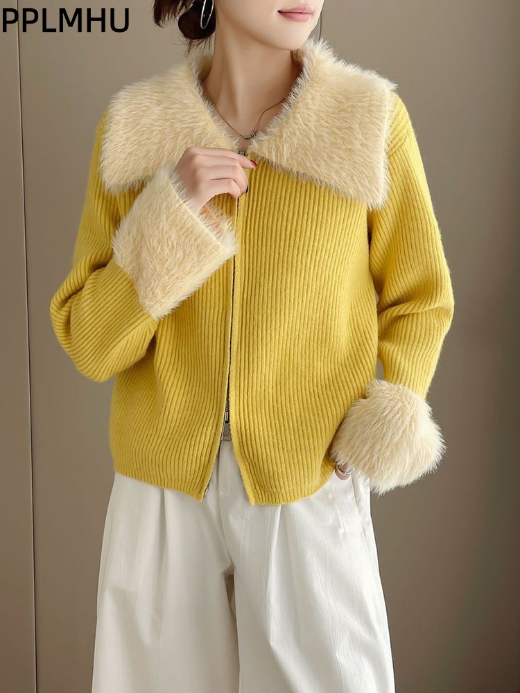 Women'S Fashion Gilet - 지퍼 턴다운 칼라 스플라이스 니트 스웨터