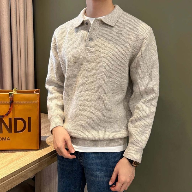 Ribbed Knit Sweater - 남성 라펠 칼라 싱글 버튼 리브