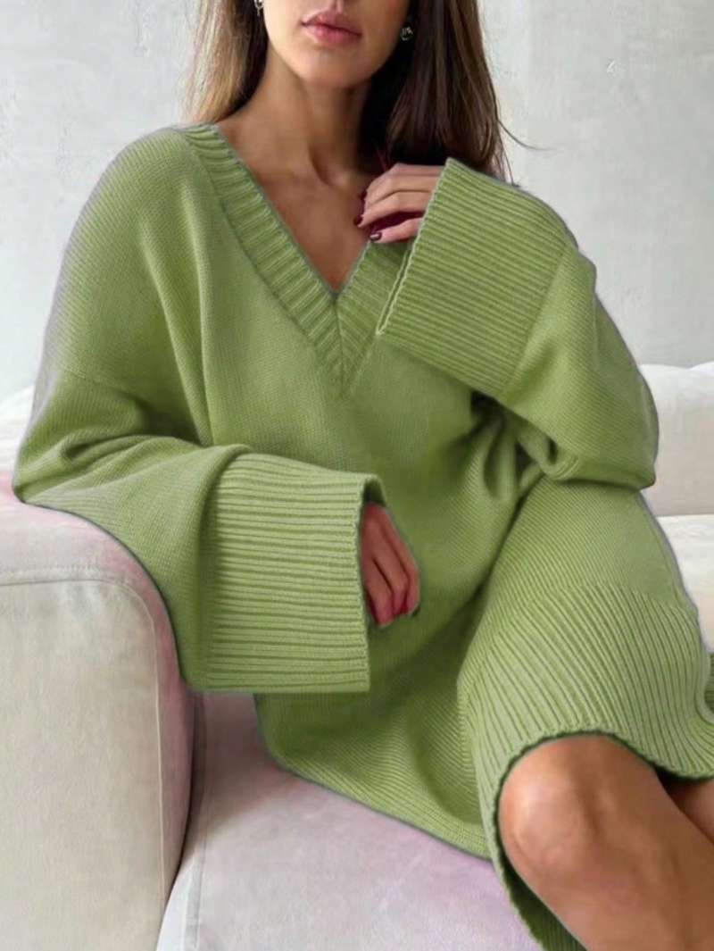 Ribbed Knit Sweater - 플러스 사이즈 여성용 단색 스웨터 드레스