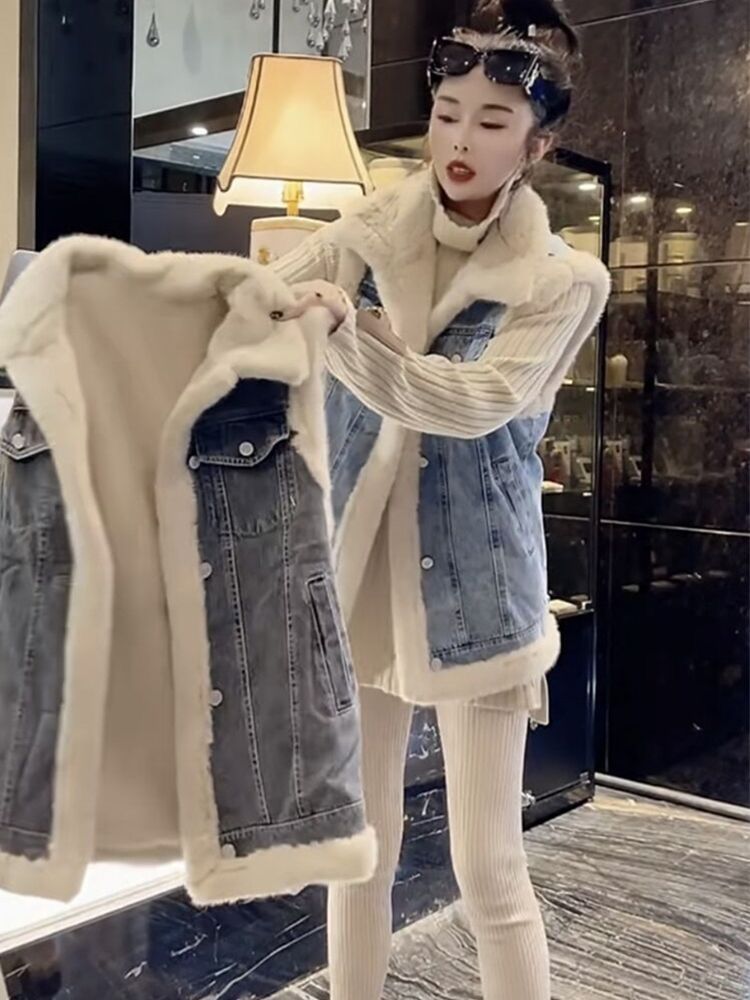 여성용 폴라 플리스 조끼 민소매 데님 플리스 안감 재킷 - Women'S Fashion Gilet 리뷰 및 가격