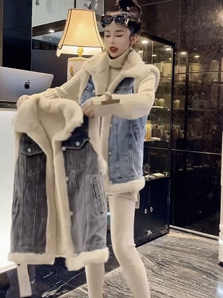 여성용 폴라 플리스 조끼 민소매 데님 플리스 안감 재킷 - Women'S Fashion Gilet 리뷰 및 가격