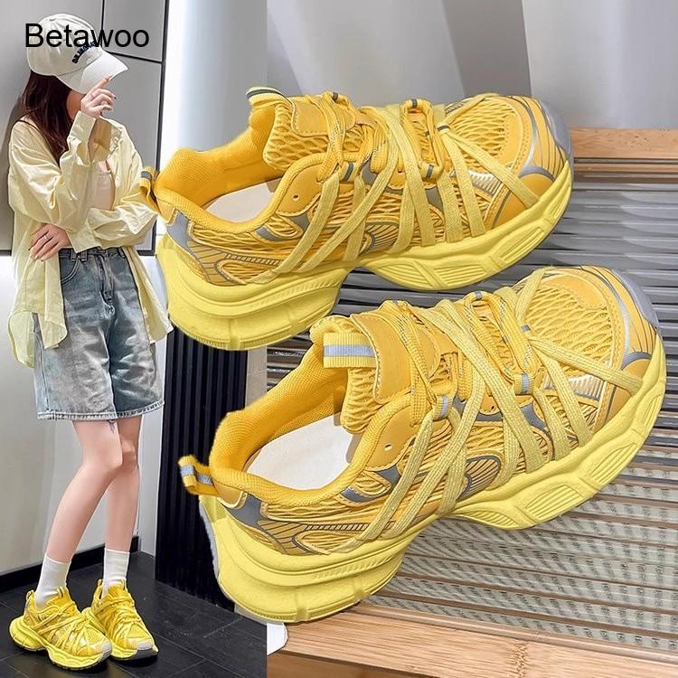 여성용 패션 메쉬 플랫폼 청키 스니커즈 레이스업 논슬립 - Women'S Yellow Fashion Sneakers 리뷰 및 가격