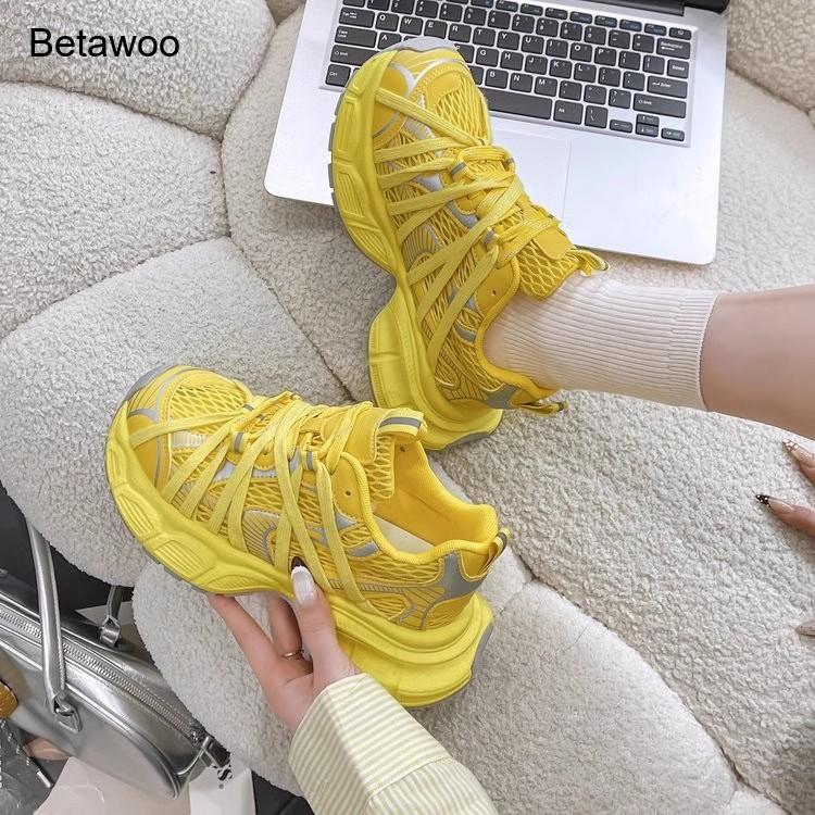 여성용 패션 메쉬 플랫폼 청키 스니커즈 레이스업 논슬립 - Women'S Yellow Fashion Sneakers 리뷰 및 가격