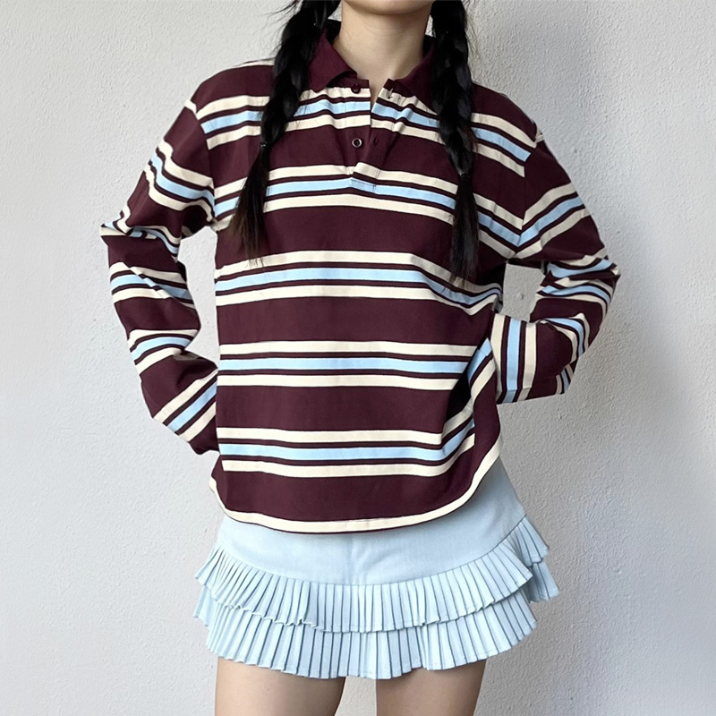 여성용 스트라이프 릴렉스 럭비 폴로 셔츠 긴팔 캐주얼  - Women'S Fashion Rugby Top 리뷰 및 가격