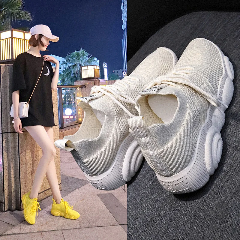 여성용 플랫폼 스니커즈, 캐주얼 신발, 플라잉 통기성  - Women'S Yellow Fashion Sneakers 리뷰 및 가격