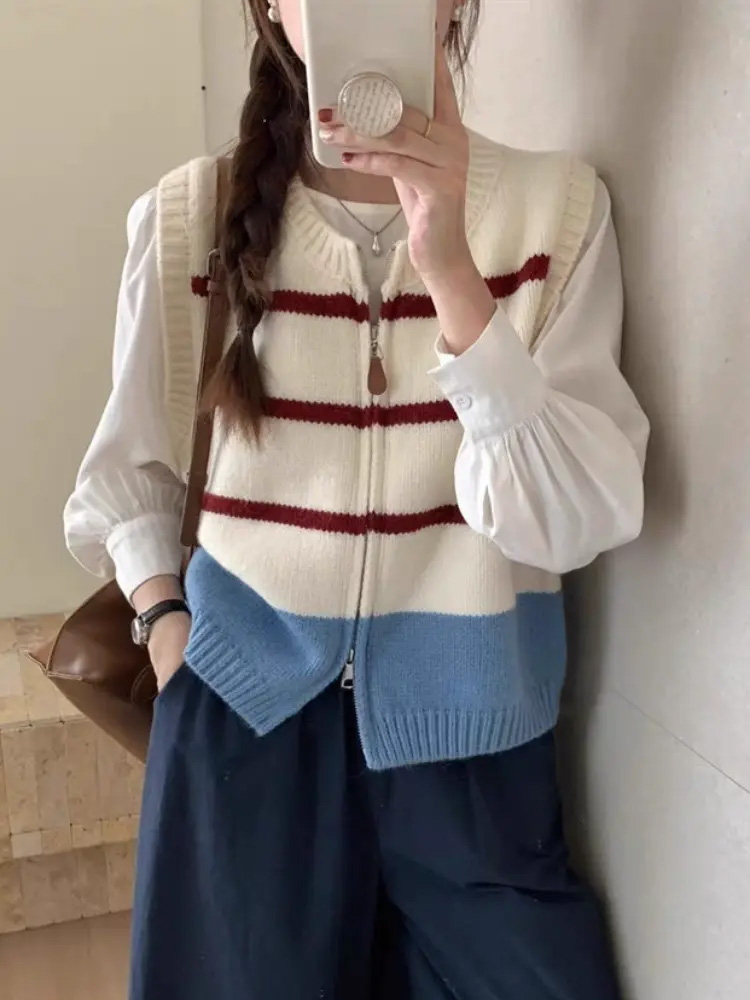 스트라이프 지퍼 가디건 니트 조끼 여성 캐주얼 민소매  - Women'S Fashion Gilet 리뷰 및 가격