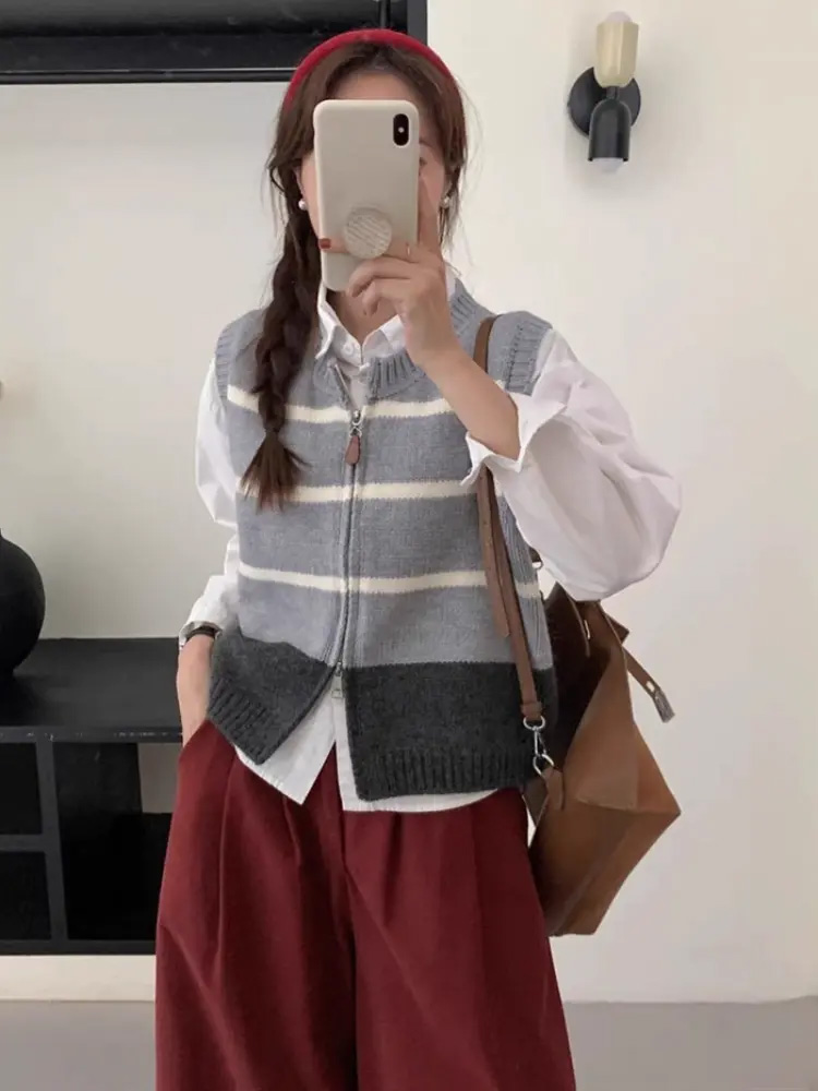 스트라이프 지퍼 가디건 니트 조끼 여성 캐주얼 민소매  - Women'S Fashion Gilet 리뷰 및 가격