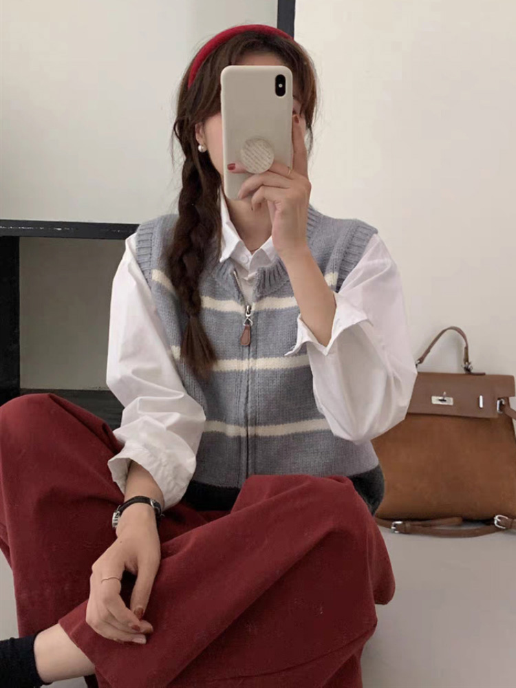스트라이프 지퍼 가디건 니트 조끼 여성 캐주얼 민소매  - Women'S Fashion Gilet 리뷰 및 가격