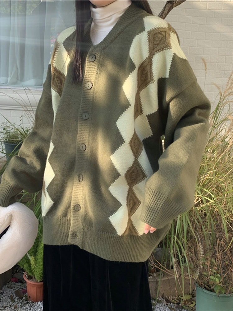Baggy Fashion 다이아몬드 그리드 니트 카디건 - Women'S Fashion Gilet 리뷰 및 가격