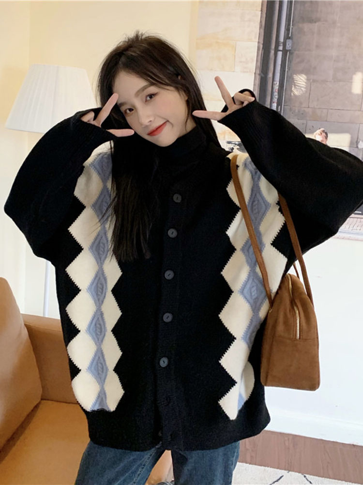 Baggy Fashion 다이아몬드 그리드 니트 카디건 - Women'S Fashion Gilet 리뷰 및 가격