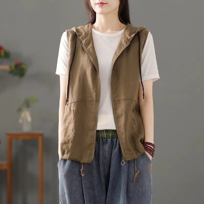 여성용 흰색 린넨 혼방 후드 조끼 캐주얼 민소매 지퍼업 - Women'S Fashion Gilet 리뷰 및 가격
