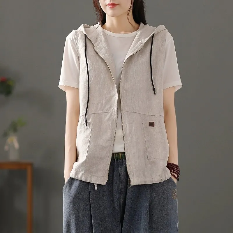 여성용 흰색 린넨 혼방 후드 조끼 캐주얼 민소매 지퍼업 - Women'S Fashion Gilet 리뷰 및 가격