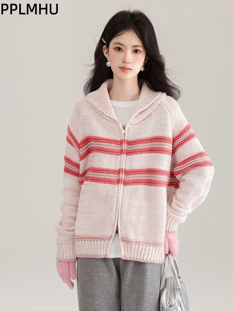 턴다운 칼라 스트라이프 니트 가디건 한국 패션 배기핏  - Women'S Fashion Gilet 리뷰 및 가격