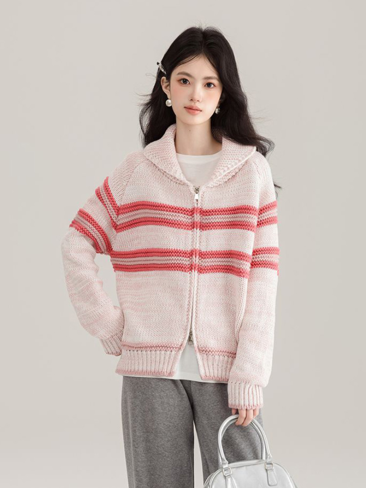 턴다운 칼라 스트라이프 니트 가디건 한국 패션 배기핏  - Women'S Fashion Gilet 리뷰 및 가격