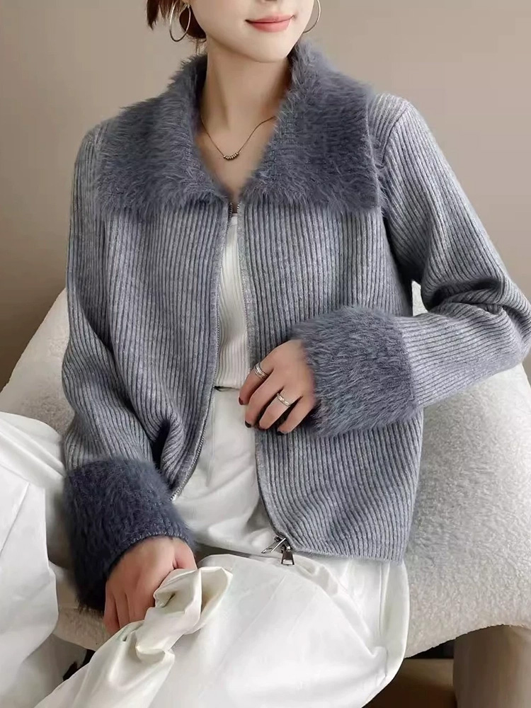 지퍼 턴다운 칼라 스플라이스 니트 스웨터 여성 캐주얼  - Women'S Fashion Gilet 리뷰 및 가격