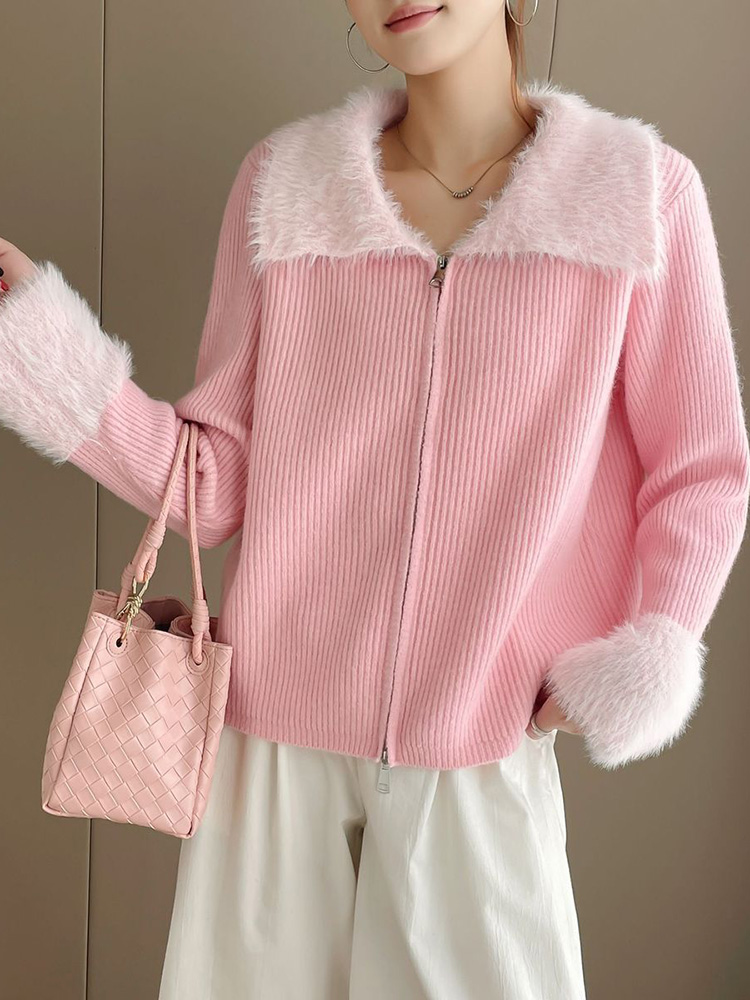 지퍼 턴다운 칼라 스플라이스 니트 스웨터 여성 캐주얼  - Women'S Fashion Gilet 리뷰 및 가격