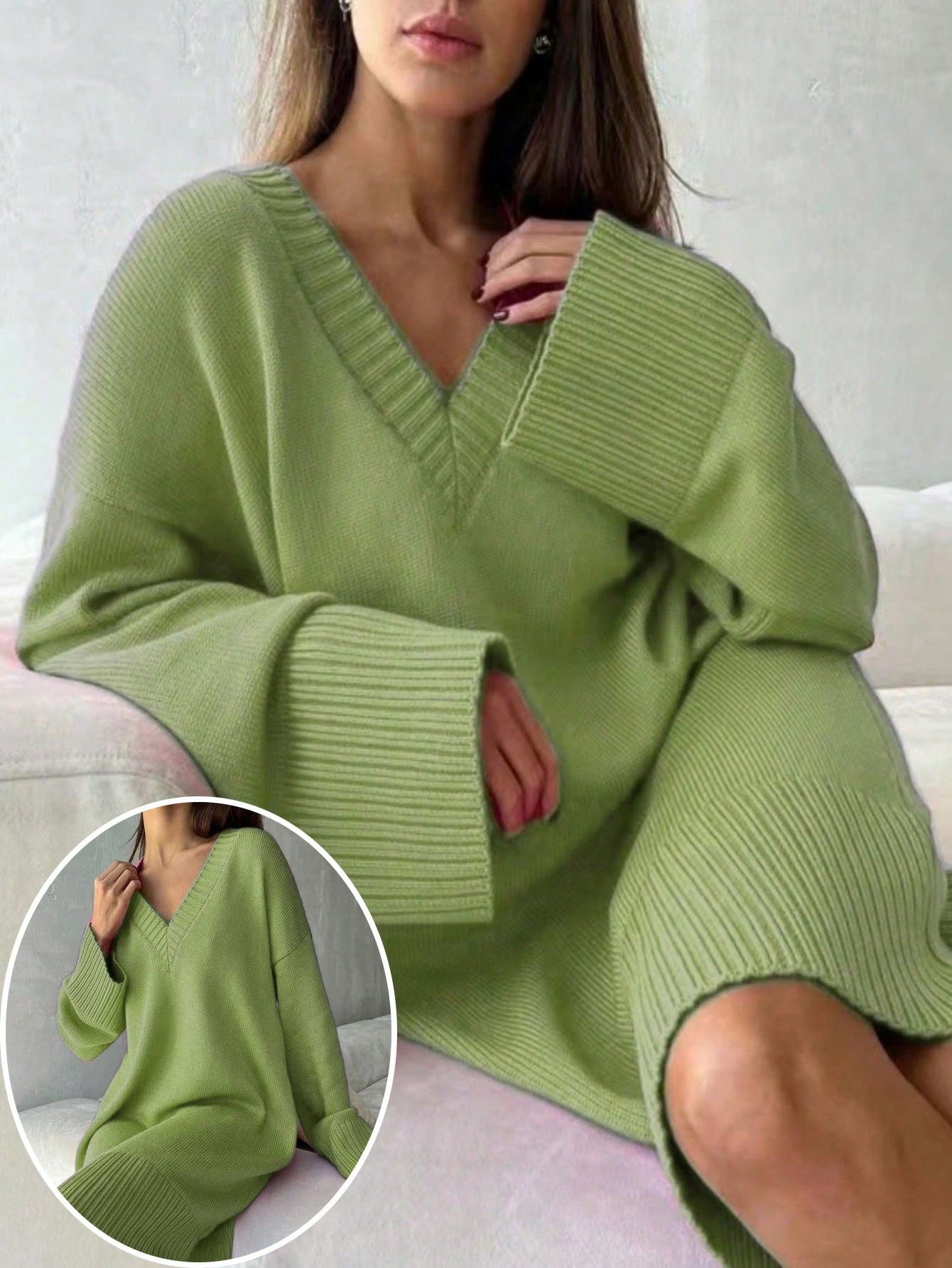 플러스 사이즈 여성용 단색 스웨터 드레스 V넥 드롭숄더 - Ribbed Knit Sweater 리뷰 및 가격